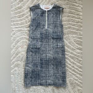 Tory Burch Navy and White Textured Tweed Midi Shift Dress